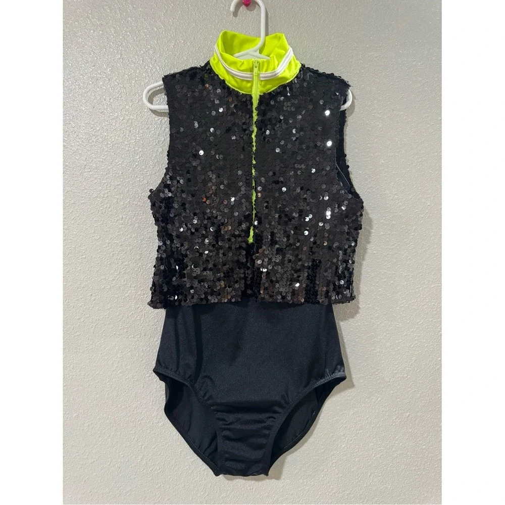 Weissman Black Sequin Neon Yellow Mock Neck Dance Leotard Girls Size MC